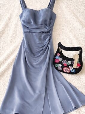 Elegant Slate Blue Satin A-Line  light Dress